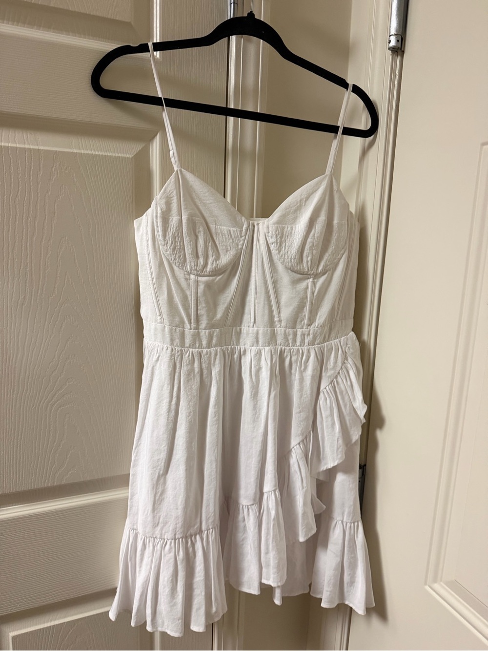 Express White Spaghetti-Strap Ruffle Bustier Mini Dress